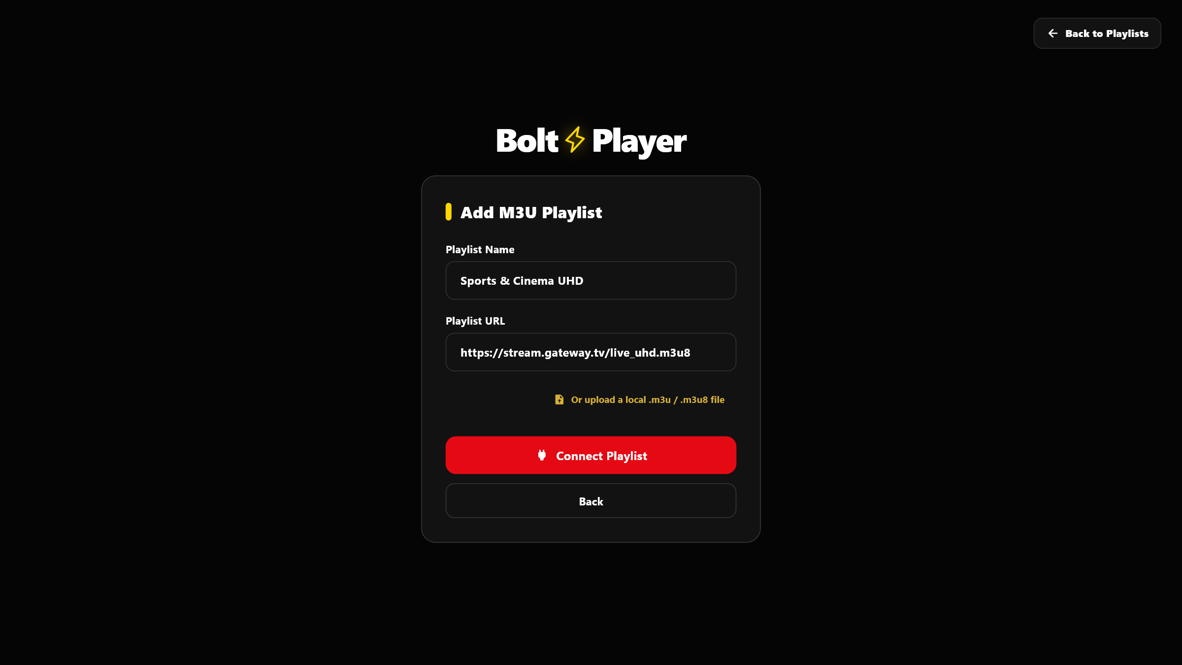 3. Direct Connection — Add M3U / M3U8 URL or Upload Local File