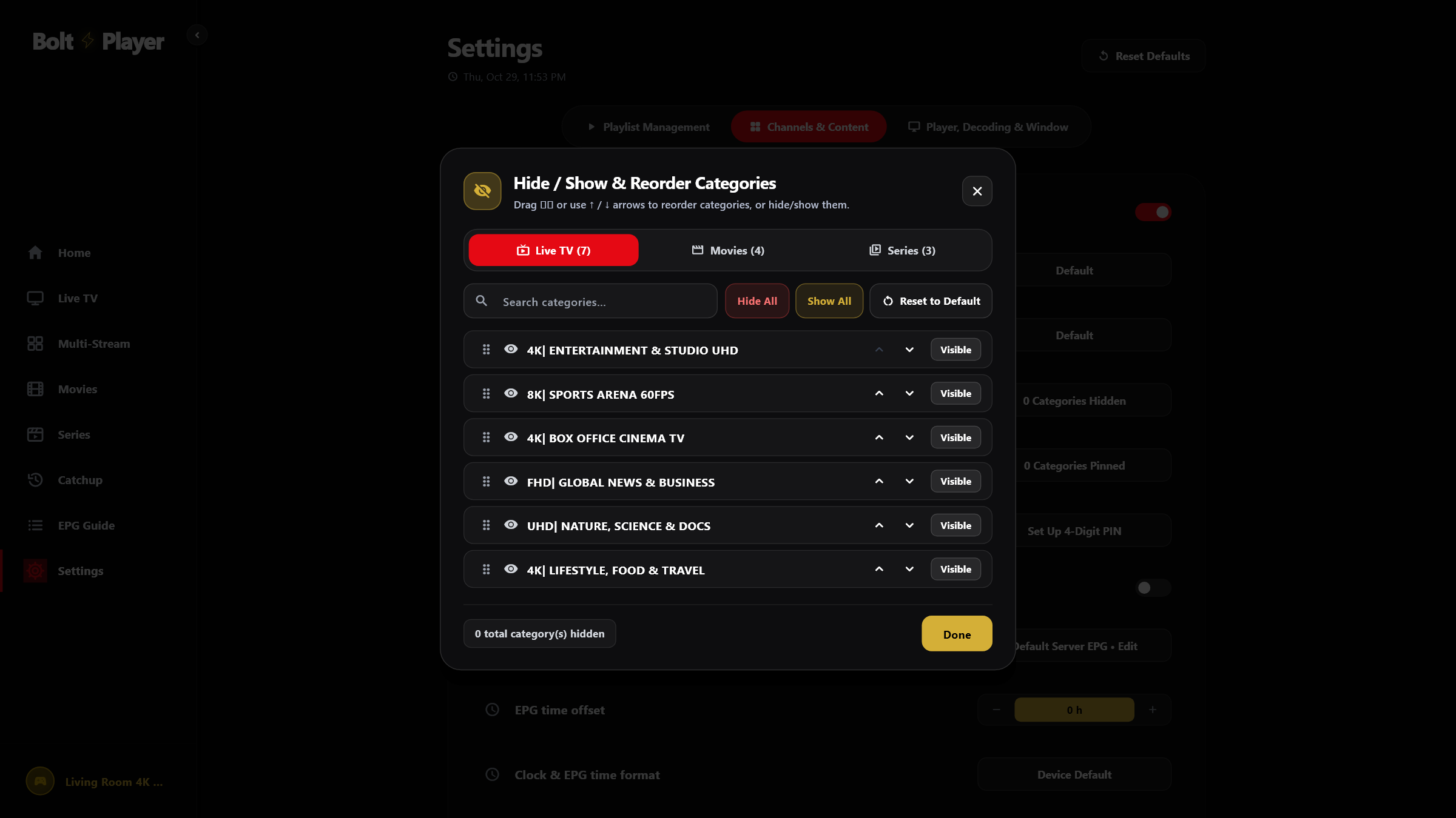 Manage Categories Modal (Live TV, Movies & Series Tabs)